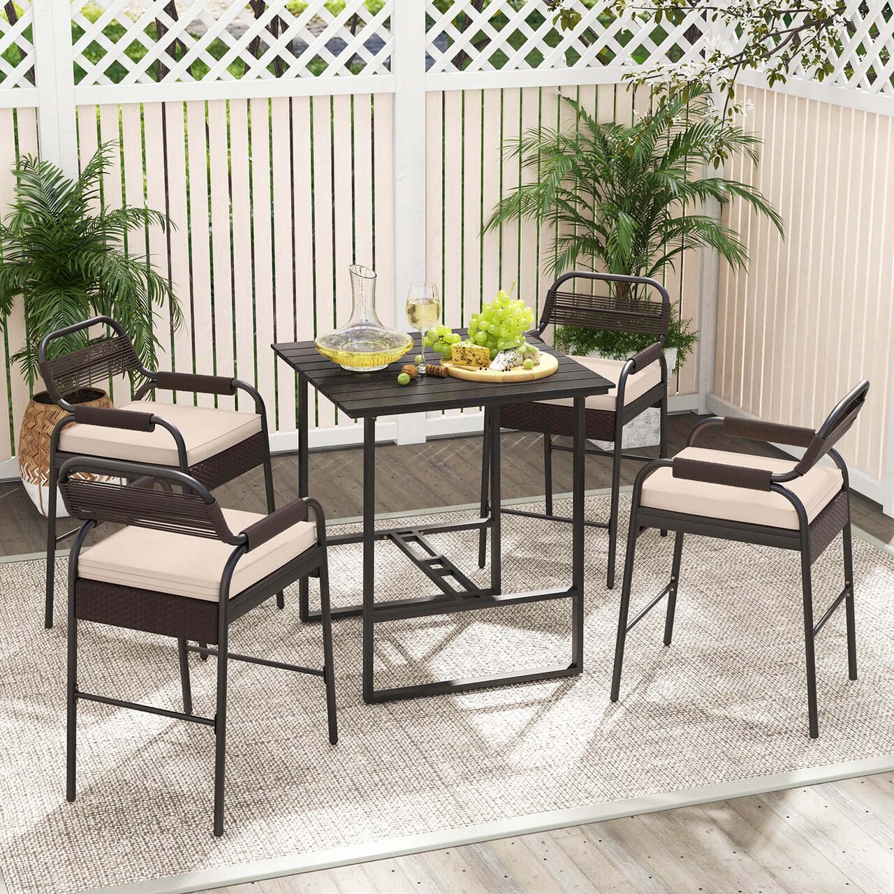 Costway 5-Piece Counter Bar Set Patio Rattan Counter Set with Cushioned Seat